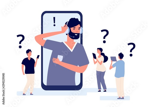 Customer support app. Professionals help client with smartphone. Telemarketing communications vector illustration. Customer support service, online app help, contact assistance