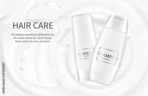Hair cosmetics banner. Shampoo advertising poster. Vector cream balm lotion with milk splash. Cosmetic package mockup shampoo for care hair, template poster illustration