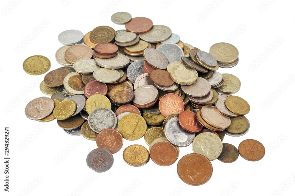 Different country coins on a white background Different country coins on a white background