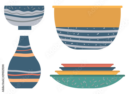 Earthenware vase, soup-plate and bowl decorated by lines and dotted. Handmade and rustic dishware set, plate and ceramic jug on white, rustic dish. Vector illustration in flat cartoon style