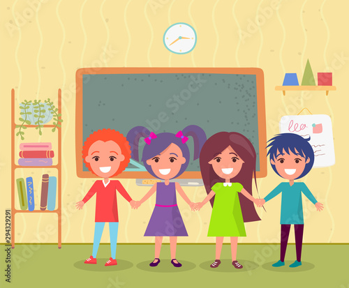Smiling boy and girl classmates standing together and holding hands. Chalkboard and shelves with books on wall, pupils in classroom, teenagers study vector. Back to school concept. Flat cartoon