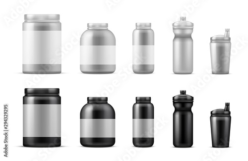 Sport food containers. Realistic drink bottles. Vector protein powder containers mockup isolated on white background. Container plastic for workout, protein to bodybuilding illustration