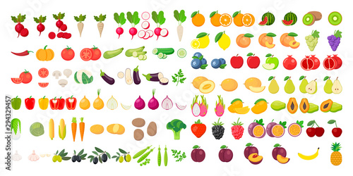 Vector fruits and vegetables icon set isolated on white background. Vector illustration.
