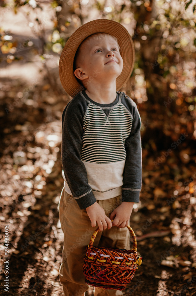 Obraz premium Stylish boy in a hat with a basket. boy in the park in a hat with a basket in autumn