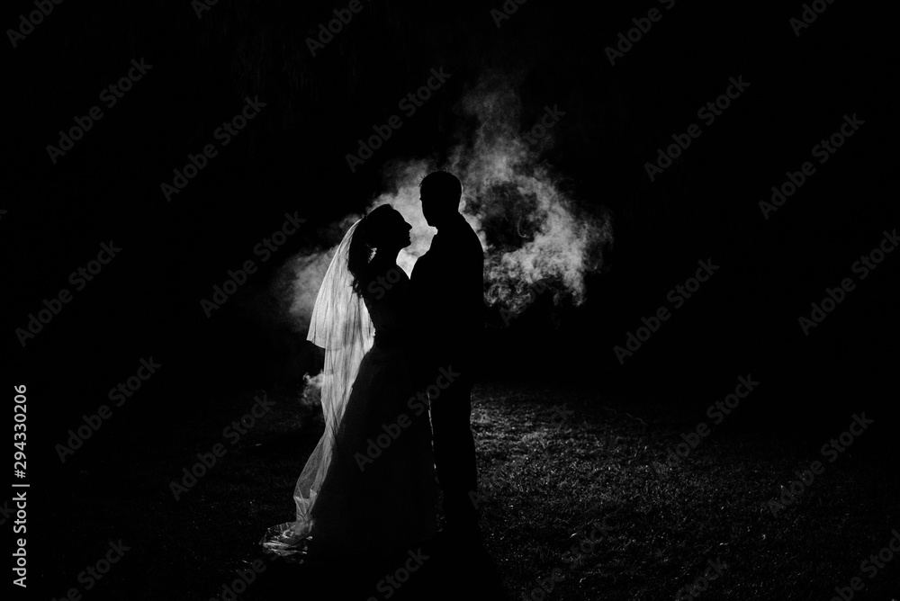 silhouette of a bride and groom at night with smoke