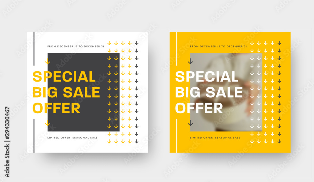 © olegphotor - Special offer vector square banner template with yellow, white and black abstract pattern and © olegphotor - Special offer vector square banner template with yellow, white and black abstract pattern and
