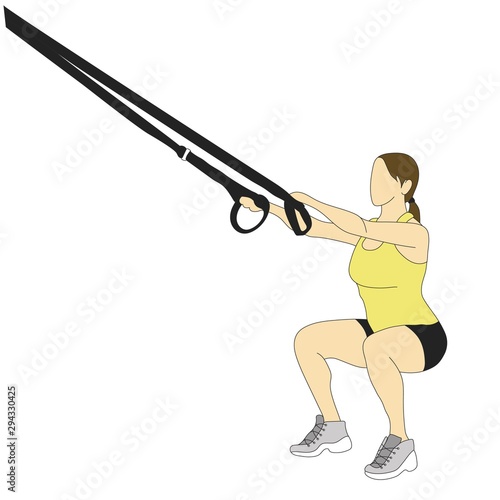 Woman, doing deep squats trx exercises with a rope isolated on white.