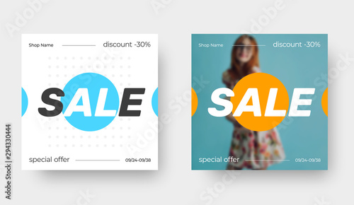 Template of vector square banner for sale with blue and yellow abstract pattern and with photo of girl.