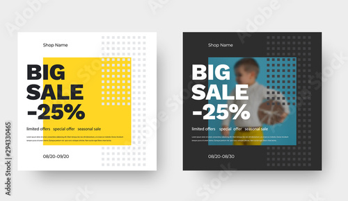 Vector square banner design for big sale with yellow abstract pattern and baby photo.