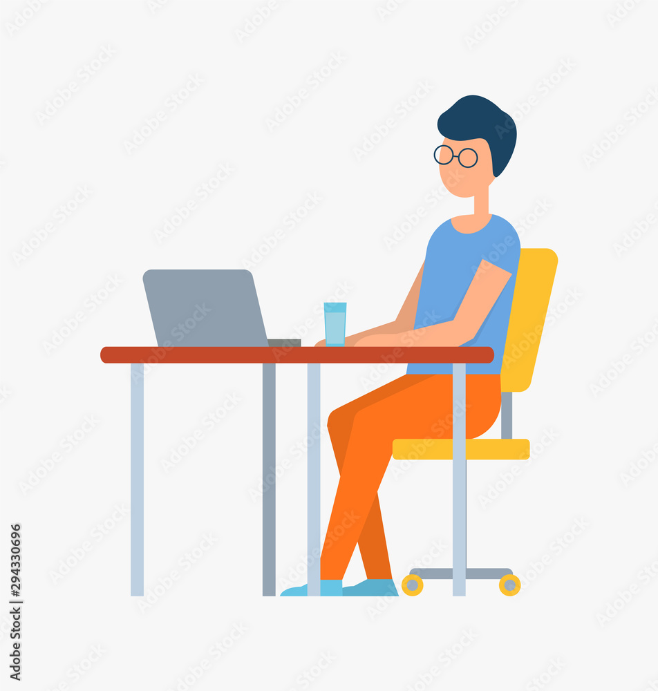 Person programming on laptop in office. Freelancer programmer with glasses sitting in office chair by table with modern gadget and cup of water. Drinking liquid on desk, computer screen and coder Person programming on laptop in office. Freelancer programmer with glasses sitting in office chair by table with modern gadget and cup of water. Drinking liquid on desk, computer screen and coder