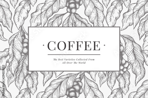 Coffee vector design template. Vintage coffee background. Hand drawn engraved style illustration.