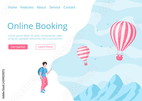 Hot air balloon online booking website template vector illustration. Landing page online travel concept with man and mobile phone, using mobile booking app for hot air balloon travel reservation