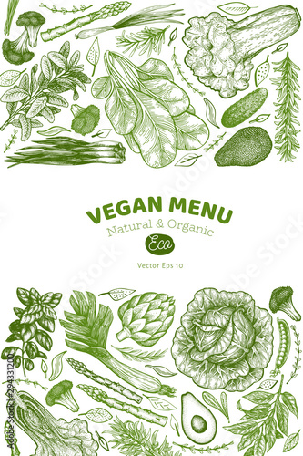 Green vegetables design template. Hand drawn vector food illustration. Engraved style vegetable banner. Retro botanical banner.