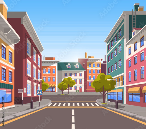 Town with buildings and empty street, 3d look of city road and houses appartment. Bushes and trees, greenery cityscape. Skyline, crossroad with zebra. End of the street. Vector in flat cartoon style