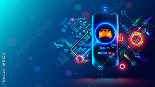 Carsharing service concept. App of Phone of order taxi. Car of online cab on map city. Internet search nearby vehicles for rent. Phone shows location passenger, destination, auto of car sharing.