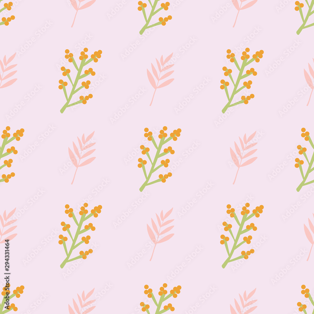 Plan leaf berry nature seamless repeat vector pattern. Pinnate leaf background coral pink orange green. Delicate floral subtle botanical background retro style. Use for fabric, bedding, wallpaper Plan leaf berry nature seamless repeat vector pattern. Pinnate leaf background coral pink orange green. Delicate floral subtle botanical background retro style. Use for fabric, bedding, wallpaper
