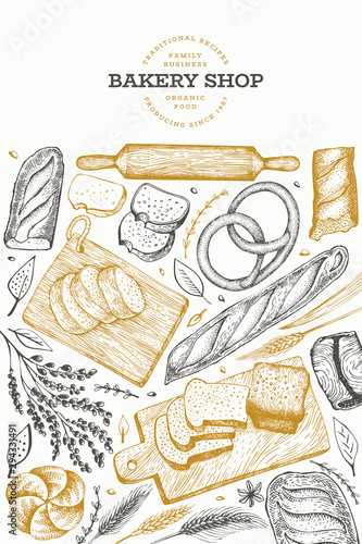 Bread and pastry banner. Vector bakery hand drawn illustration. Vintage design template.