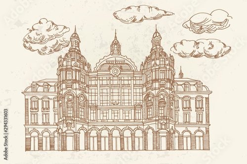 Vector sketch of  Antwerp main railway station. Antwerpen, Belgium.