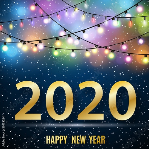 Happy New 2020 Year. Seasons Greetings. Snowflakes ans Light Garlands. Colorful Winter Background. Vector illustration