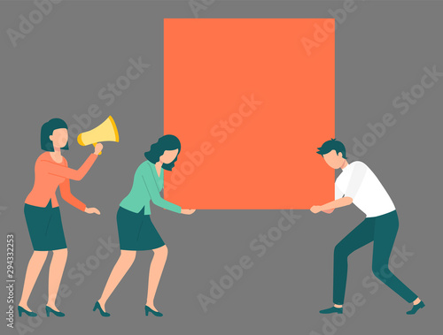 Man and woman carrying red square. Boss with megaphone shouting at workers. Employees male and female competition. Symbol of leadership, motivation, ambition, team effort, growtha and success