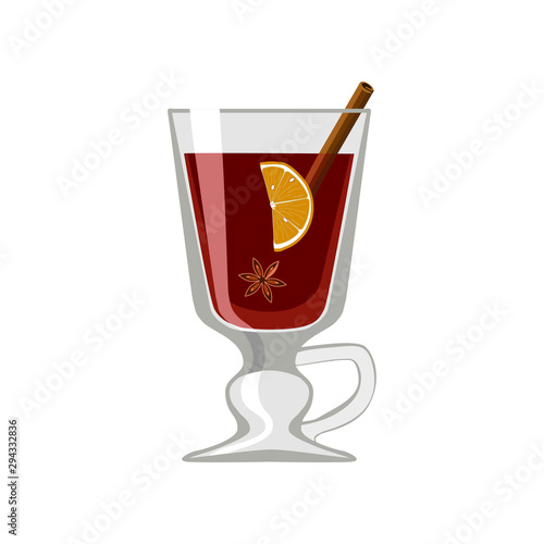 Mulled wine. Wine glass with mulled wine isolated on white background. Cartoon flat style. Vector illustration