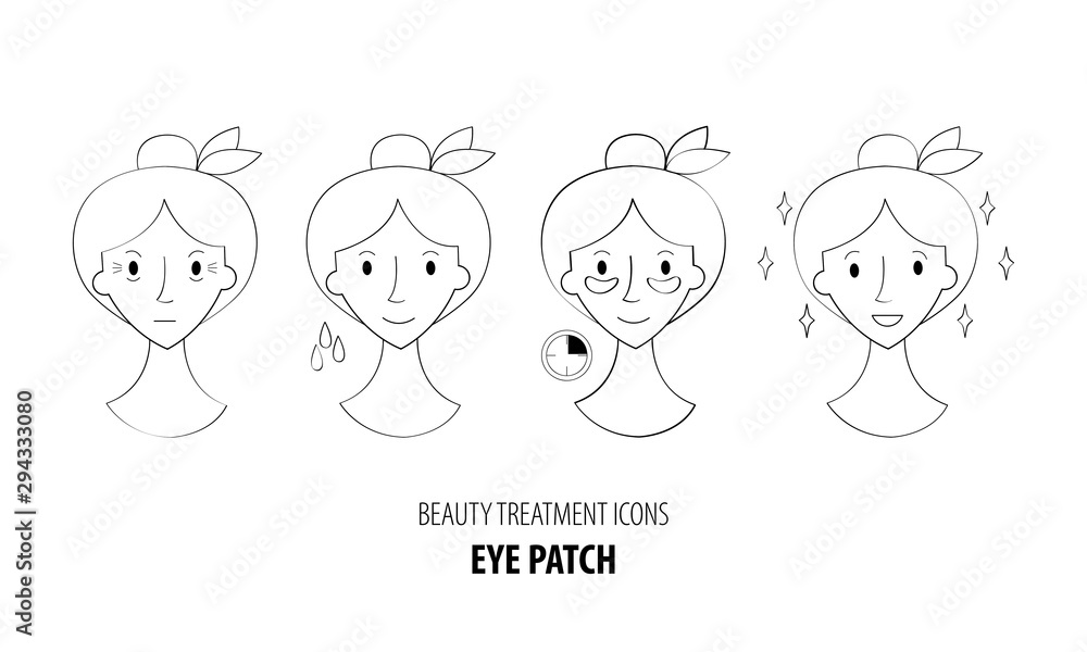 Collagen eye patches in vector. Beauty treatment illustration, application of patches under the eyes. Korean cosmetics. Steps how to apply eye patches. Beauty cosmetics icons. Spa salon Collagen eye patches in vector. Beauty treatment illustration, application of patches under the eyes. Korean cosmetics. Steps how to apply eye patches. Beauty cosmetics icons. Spa salon