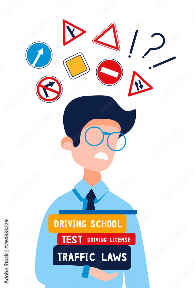 An annoyed young man who holds driving textbooks is trying to remember traffic signs. Driving school concept, driver's license, traffic rules and tests. Vector flat illustration on white background. An annoyed young man who holds driving textbooks is trying to remember traffic signs. Driving school concept, driver's license, traffic rules and tests. Vector flat illustration on white background.