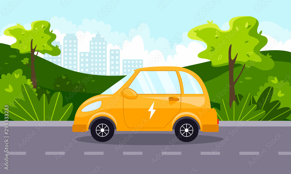 Yellow electric car goes out of town. Modern technology.  Natural landscape. Concept of preserving the green environment and the ecology as a whole. Caring for the future. Vector flat illustration.