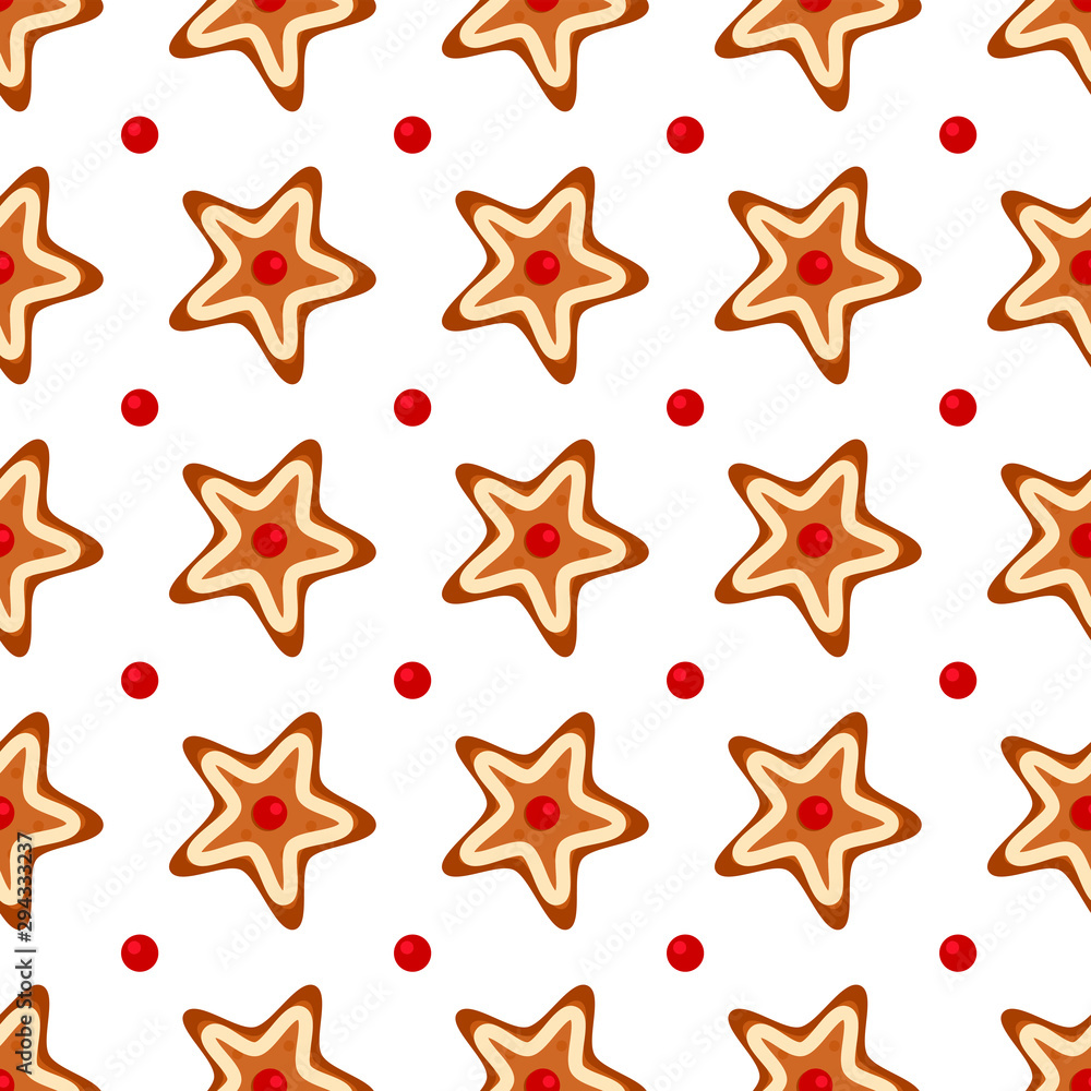 Vector seamless pattern with gingerbread stars. Tasty background for package, fabric, wallpaper, textile, greeting card, gift box, web design. Isolated on white. Vector seamless pattern with gingerbread stars. Tasty background for package, fabric, wallpaper, textile, greeting card, gift box, web design. Isolated on white.