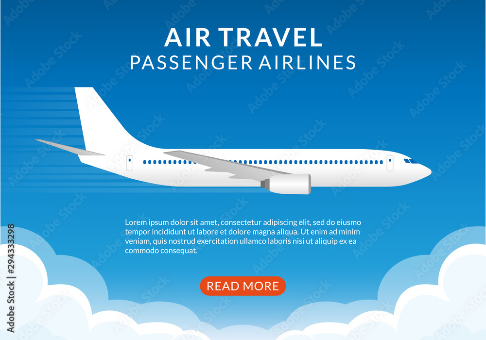 Flight banner with plane. Airplane in the Sky. Air Travel by passenger airlines concept, poster for web design or business brochure. Vector illustration.