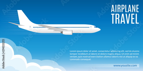 Flight banner. Airplane in the Sky. Trip or Travel by plane concept, poster for web design or business brochure. Vector illustration.