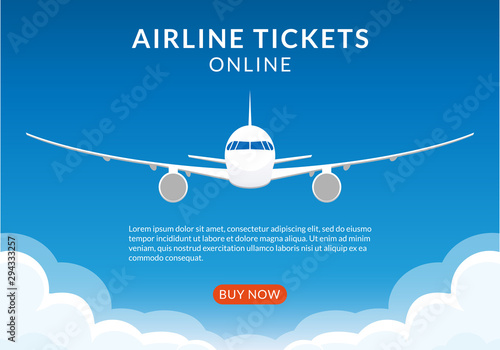 Flight banner with plane. Airplane in the Sky. Airline tickets online concept for web design or business brochure. Vector illustration.