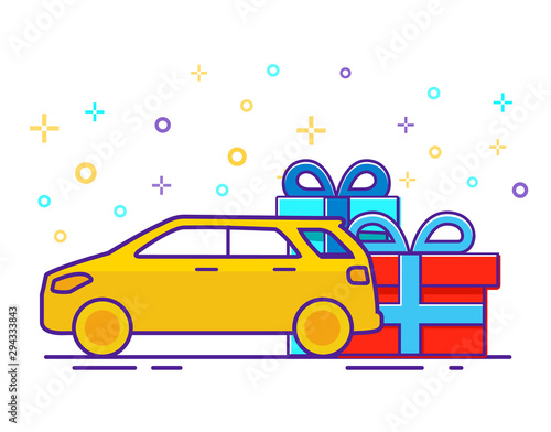 Special offer car SUV gift. Present off-road  vehicle. Flat line vector.Banner icon concept for a motor show.