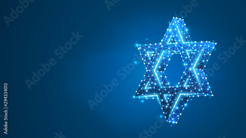 Star of David. Six pointed geometric star, symbol of modern Jewish identity and Judaism Israel. Abstract, digital, wireframe, low poly mesh, vector blue neon 3d illustration. Triangle, line, dot