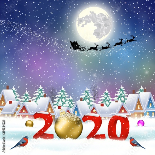 happy new year and merry Christmas winter village with trees. Santa Claus with deers in sky above the city. concept for greeting and postal card, invitation, template, vector illustration. 2020