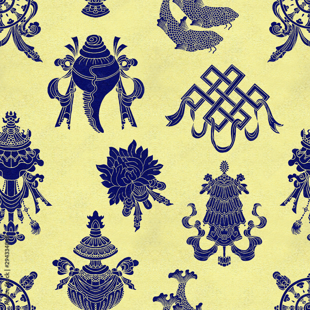 Seamless pattern with eight blue auspicious symbols of Buddhism on ...