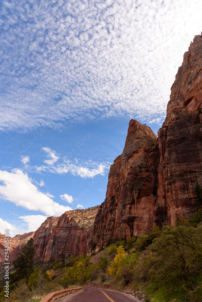 Beautiful cloud sky suring Road trip in the mountains, Zion Nation Park, Utah