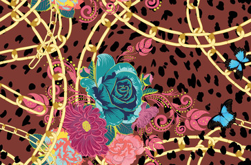 Foto auf Acrylglas Blumen- und Juwelenmuster Gepardenhaut mit Rosen  © AnnaPa