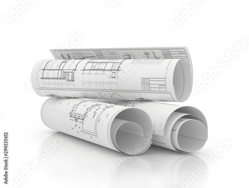 Fototapeta Naklejka Na Ścianę i Meble -  blueprints construction projects, plans in row isolated 3d illustration