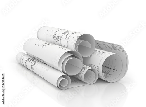 Fototapeta Naklejka Na Ścianę i Meble -  blueprints construction projects, plans in row isolated 3d illustration