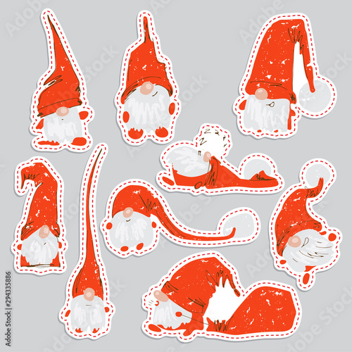 Cute funny christmas sticker characters - white bearded gnomes in different positions with red hats. Christmas gnomes set, hand draw textured vector illustration for X-mas cards, greetings, design