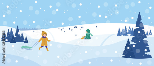 Beautiful snowy landscape. Winter scene with playing children. Winter fun, sledding, walk. Vector illustration