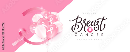 Breast cancer october awareness month pink ribbon banner background,Realistic balloons vector illustration