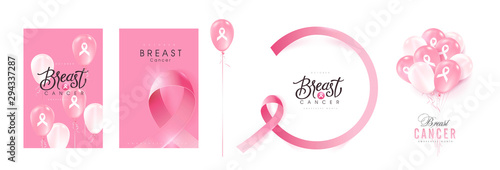 collection of Breast cancer october awareness month pink ribbon banner background,Realistic balloons vector illustration