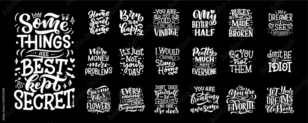 © Artlana - Set with fun slogans for concept design. Hand drawn illustrations. Modern calligraphy quotes. Typography tee print design. Cute lettering for kids fashion.