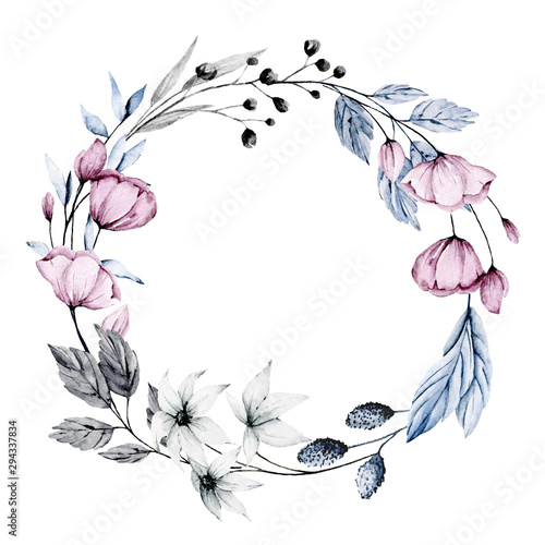 Wreath with watercolor flowers and leaves. Blue and pink colors. Frame isolated on white background. Hand drawing. Clip art perfectly for wedding, birthday, party and other greetings design. 