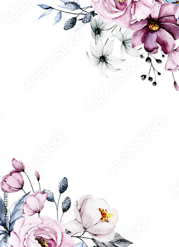 Greeting card template, floral background with watercolor flowers and leaves. Blue and pink. Isolated on white. Hand drawing. Clip art perfectly for wedding, birthday and other greetings design. 