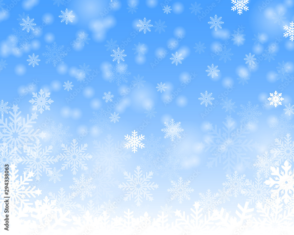 Christmas snow. Falling snowflakes on a blue background. Snowfall. 