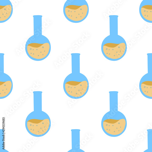 Seamless pattern with chemistry round glass flask for wrapping paper design. Laboratory glassware. Biology, science, education, medical. Decorative backdrop vector.