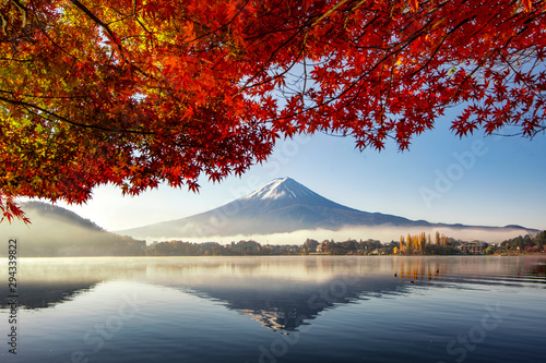 Fuji Mountain and Morning Mist with Red Maple Tree in Autumn, Kawaguchiko Lake, Japan © iamdoctoregg